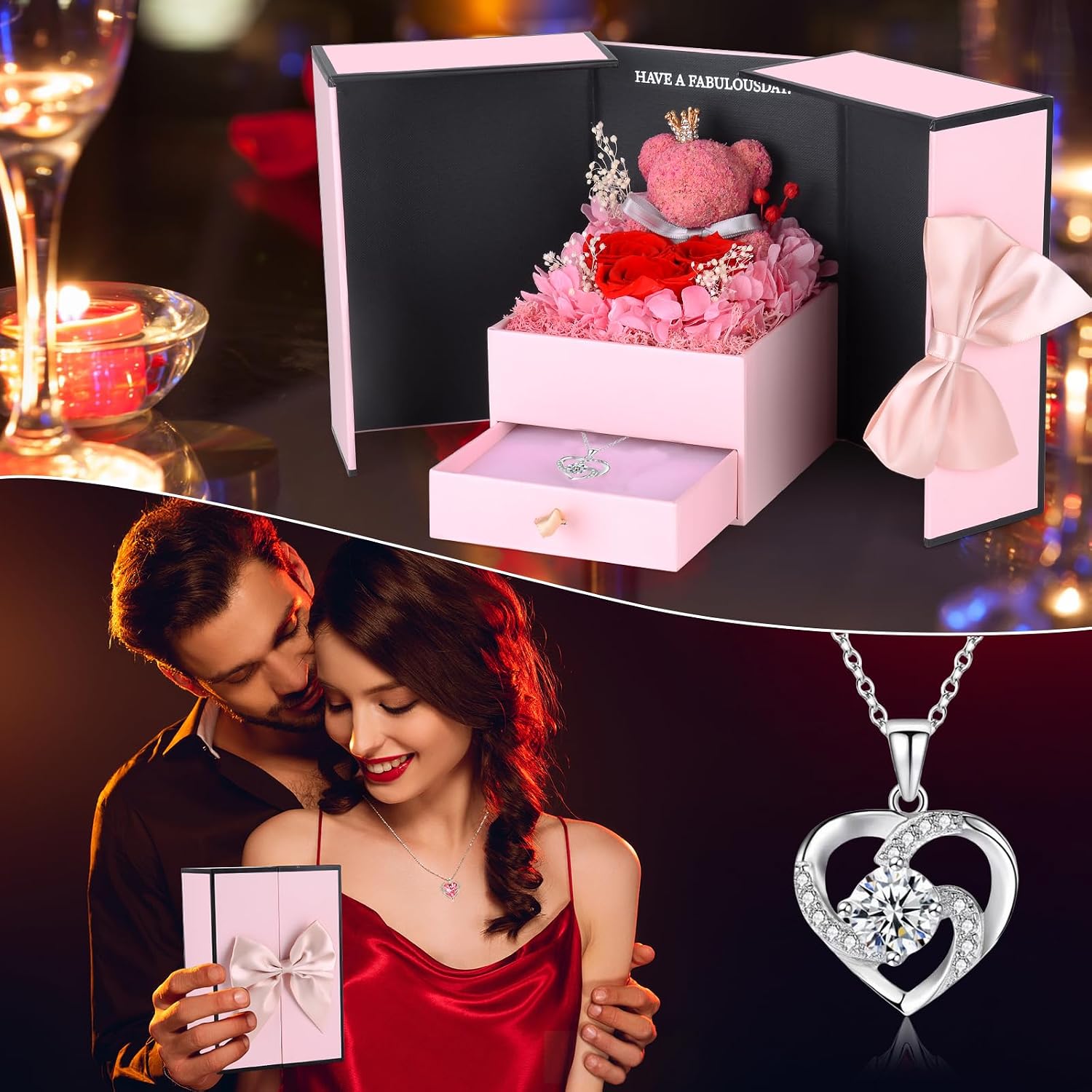 Rose Moss Bear Gifts for Mum, Real Eternal Rose Gift Box with Necklace, Preserved Rose Flower Box, Mother's Day Gift for Mum, Women, Wife, Girlfriend, Grandma, Valentine's Day, Anniversary, Christmas – Bild 3
