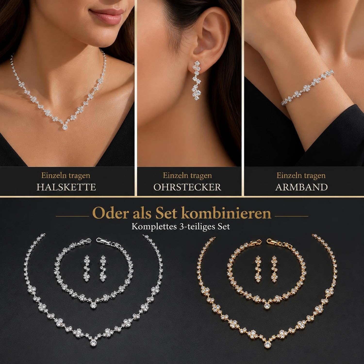Women's Jewellery Set, Necklace, Bracelet, Earrings, Gold & Silver – Bild 5