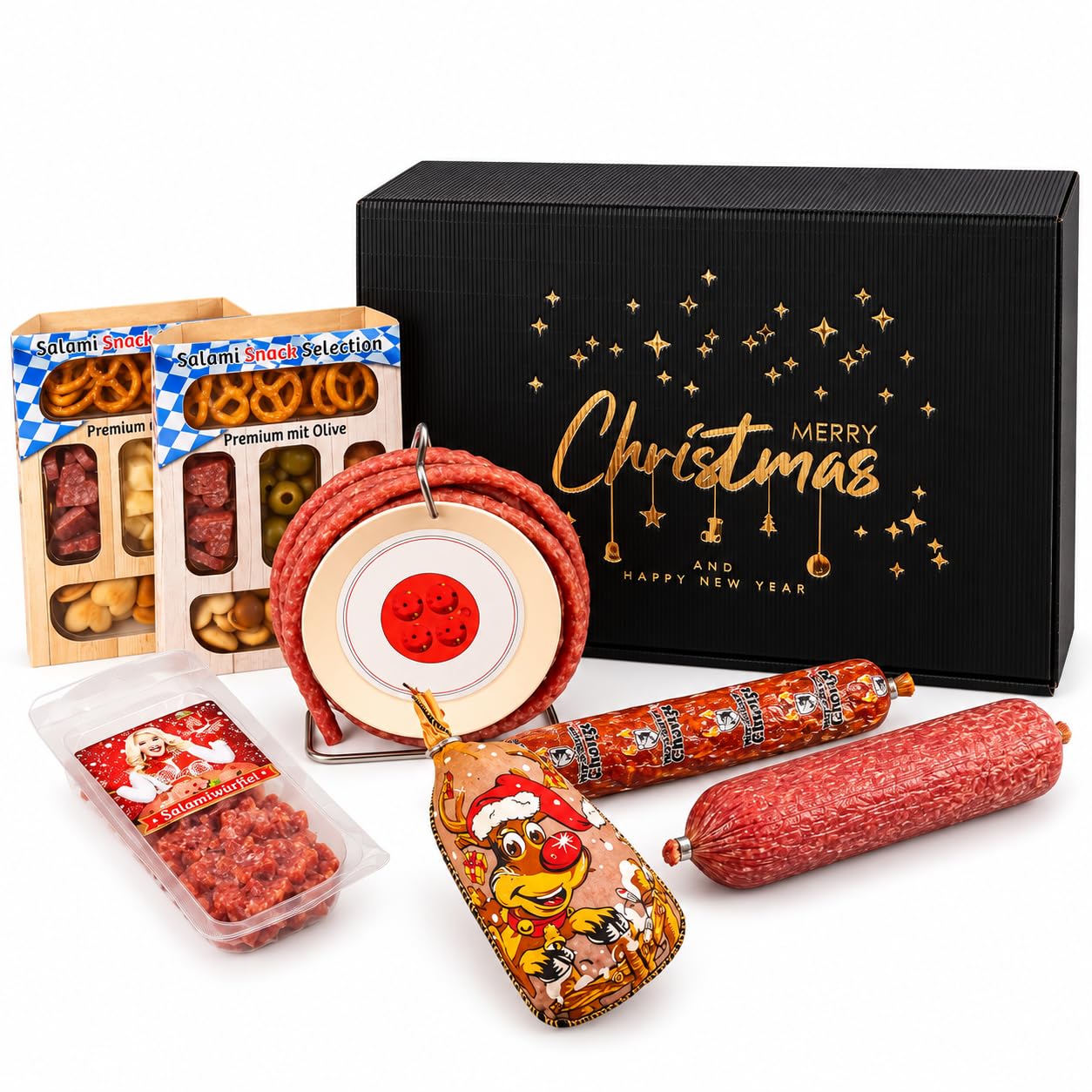 Wurstbaron Large Gift Box for Christmas with our Sausage Cable Drum, Snacks and Salami Specialities, Christmas Gift Box in Elegant Design
