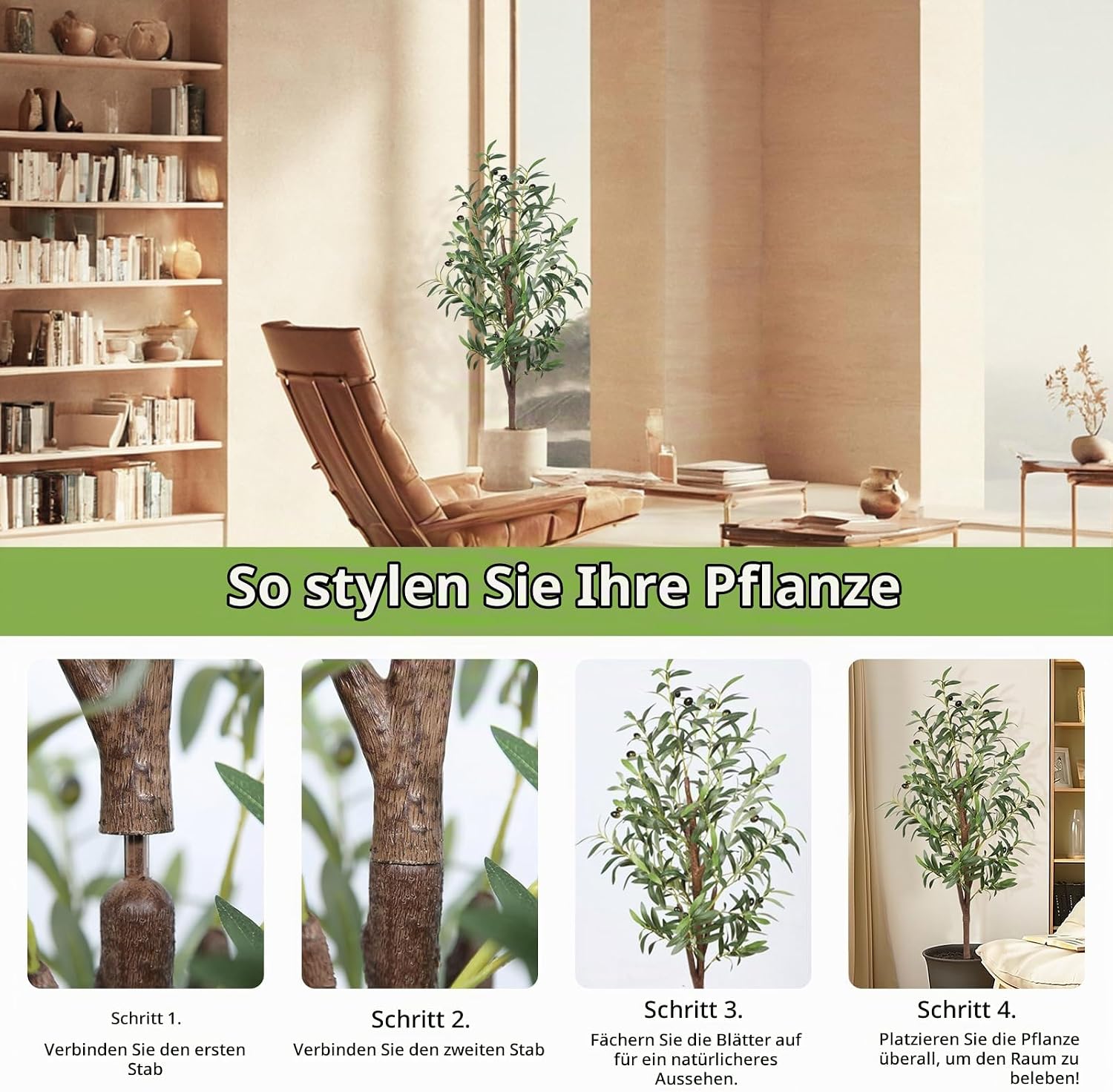 Artificial Olive Tree, 150 cm, Artificial Plant Like Real with Pot & Thicker Trunk - More Leaves & Olives, Care Free. Ideal as Artificial Tree Indoor, Decorative Tree for Living Room, Office, Shop – Bild 11