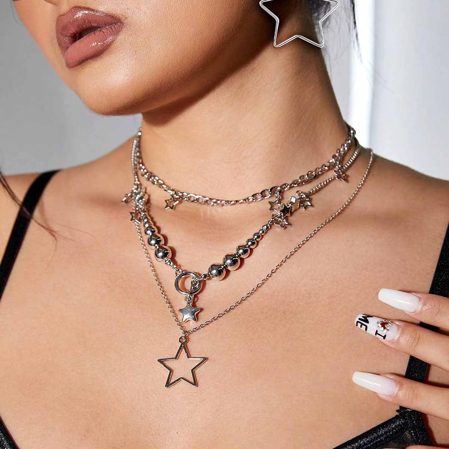 5 Pieces Silver Star Necklace, Women's Stud Earrings Necklace, Y2K Jewellery Set, Kawaii Cute Necklaces, Aesthetic Vintage Emo Jewellery – Bild 4