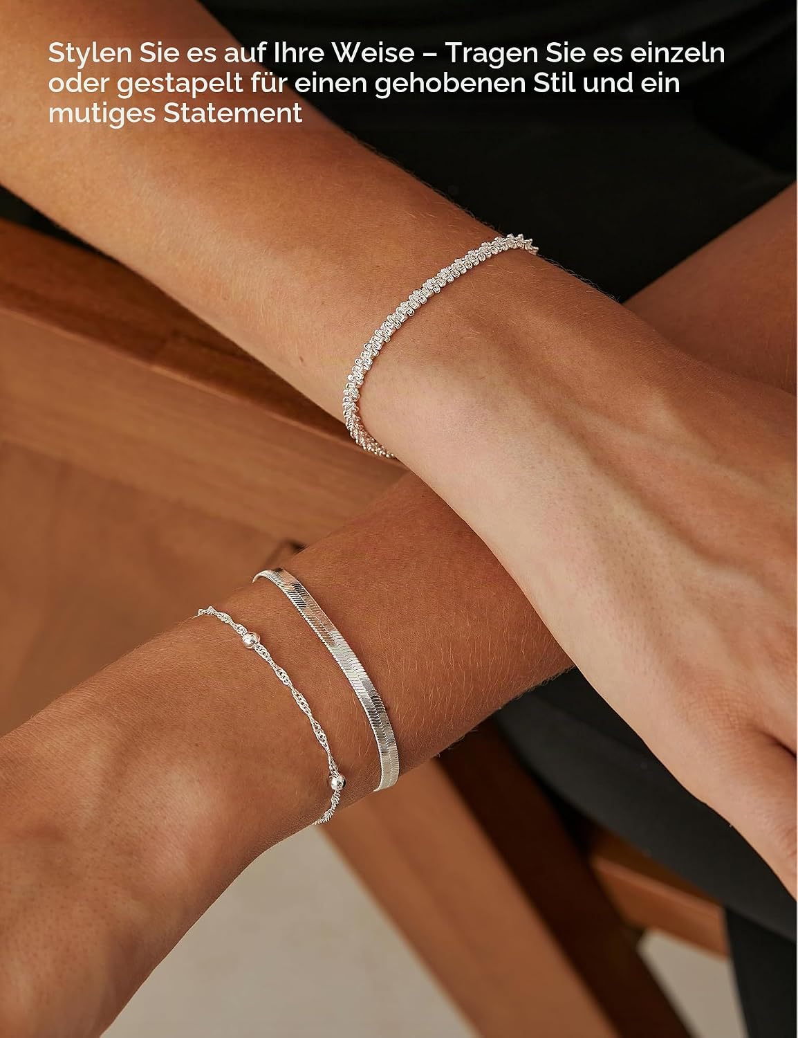 3 Pieces Bracelet Silver 925 Women's Stackable Bracelets Set Adjustable Bracelet Snake Chain Bracelets for Women Silver Bracelet Jewellery with Gift Box – Bild 4