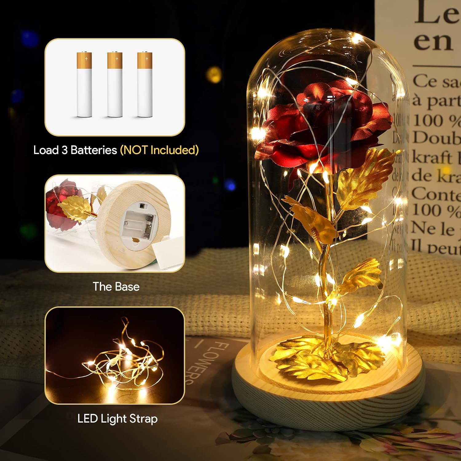 ADAZ Gifts for Women, Eternal Rose in Glass with LED Light, Mother's Day Gifts for Mum, Beauty and the Beast, Rose Gift for Girlfriend, Wife on Anniversary, Christmas, Valentine's Day – Bild 3