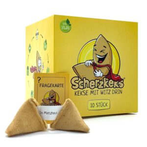 Scherzkeks Box of 10 Biscuits with Joke Question and Answer in Lucky Biscuit, Funny Gift Idea Made in Germany, for Birthdays, JGA, Family Celebrations, Christmas, New Year’s Eve