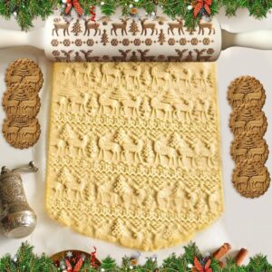 Christmas Rolling Pin, 3D Embossing Rolling Pin with Christmas Reindeer Pattern, Natural Wood Rolling Pin for Baking Embossed Biscuits, Kitchen Tool, Fondant, Pastry Dough, Pastry