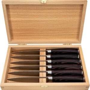 Steak Knife Set 6 Pieces Professional Chef's Knife, Ergonomic Wooden Handle, Smooth Blade, Gift Idea with Wooden Box for Storage