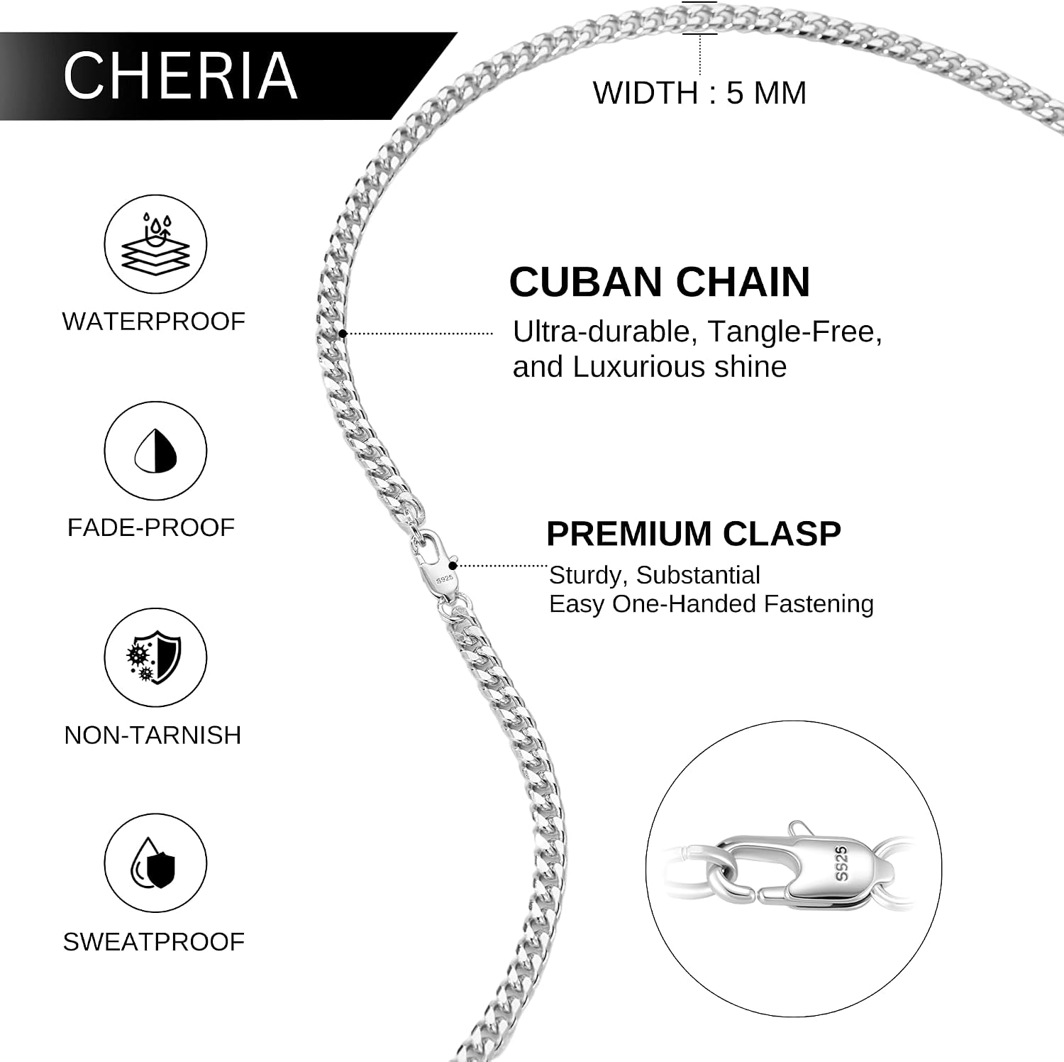 Cheria Men's 3/5 mm Silver Chain & 14k Gold Chain, Curb Chain & Figaro Chain, Men's Necklace Chain 50/55/60 cm – Bild 3