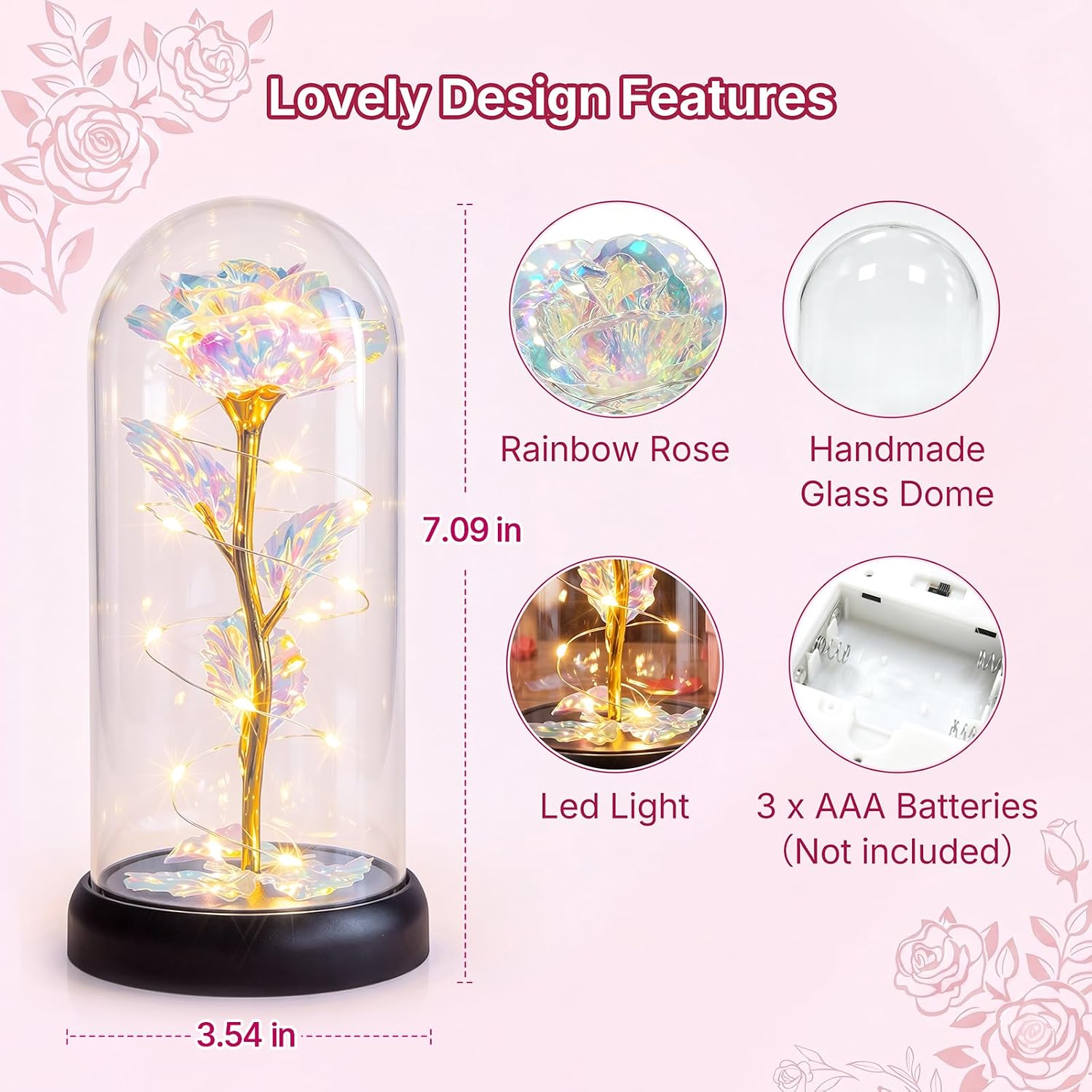 Otlonpe Flower Gifts for Women, Mother's Day Gifts for Mum, Birthday Gift for Women, Mum, Girlfriend, Grandma, Eternal Rose in Glass with LED Light, Mother's Day Gift for Mum Grandma (Rainbow) – Bild 5