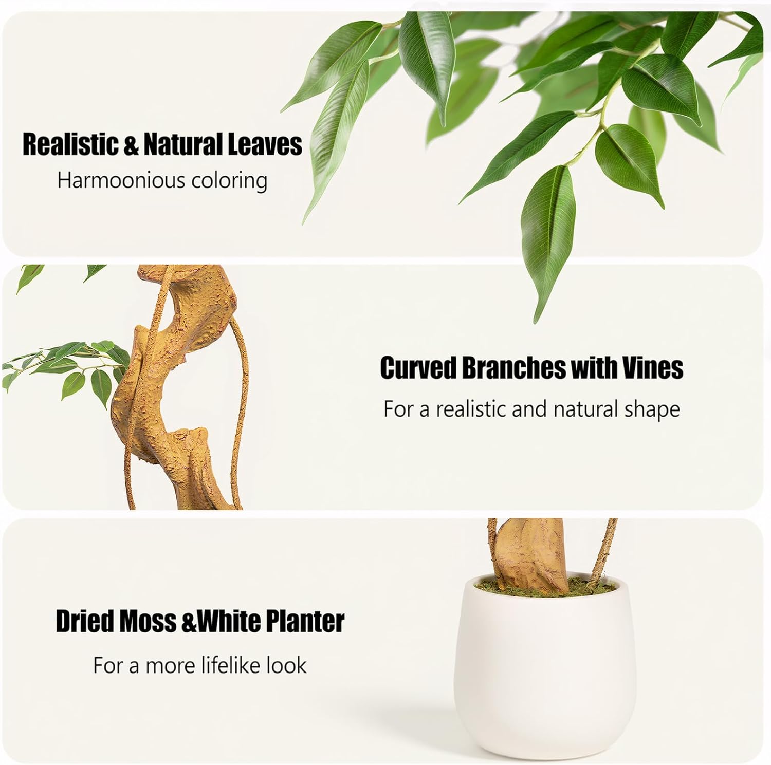 Artificial Plant Ficus Tree 180 cm with White Pot, Artificial Plants Large Like Real with Curved Tree Trunk and 1860 Leaves, Artificial Tree for Indoor Decoration, Living Room, Bedroom – Bild 4