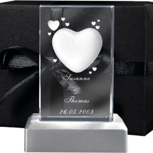 3D Glass with Heart Motif and Name Engraving and Date Love Gift (with Standard Light Base, S – 50 x 45 x 80 mm)