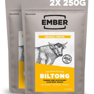 Ember Beef Biltong Original 500 g - Protein Rich Dried Meat Beef Jerky Snack - Low Fat, Keto, No Added Sugar, No Artificial Colours and Flavourings - 2 x 250 g Sealing Bags