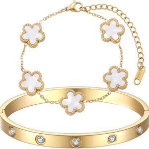 18K Gold-Plated Jewellery Pack of 2 Gold Bracelets Lucky Clover Bangle Stackable Bracelets for Weddings Birthdays Anniversaries Valentine’s Day and New Year