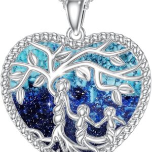 Women's Tree of Life Necklace 925 Sterling Silver Mother Children Daughter Son Tree of Life Family Heart Pendant Jewellery Gifts for Mum Girls