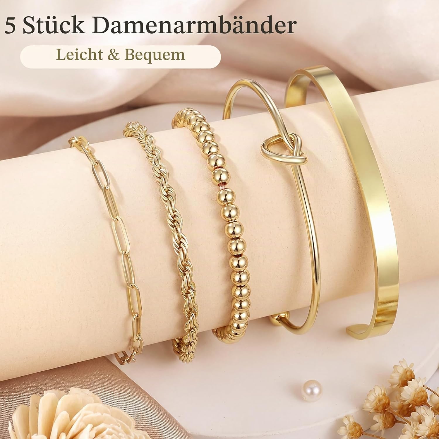 Sweetkiki Pack of 5 Women's Gold 14 Carat Gold-Plated Stainless Steel Stackable Cuff Bracelets Bracelets, Adjustable Beads, Paper Clip, Cuban Chains, Gold Bracelets Set, Stacking Bracelets Jewellery – Bild 4