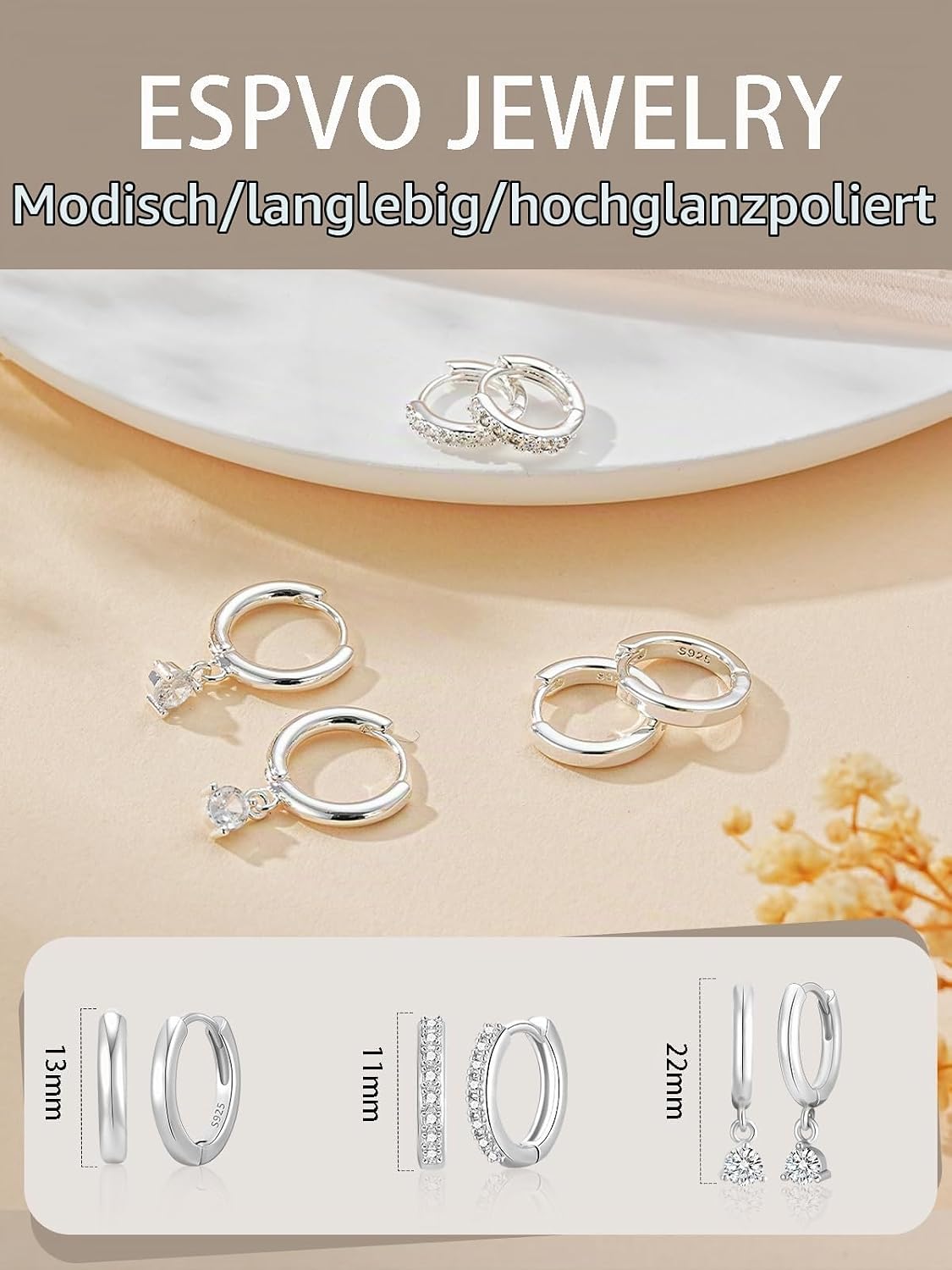 3 Pairs of Earrings Silver 925 Set for Women Hoop Earrings Hypoallergenic Earrings Small Zirconia Stud Earrings Silver Jewellery for Multiple Piercings – Bild 5