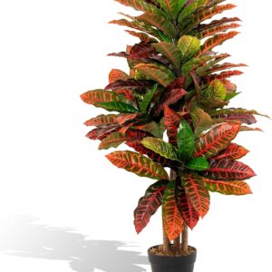 COSTWAY Artificial Plant Croton Palm Tree with Colourful Leaves & Natural Wooden Trunk, Artificial Tree in Pot, Tropical Palm House Plant for Office Home, Red + Green 100 cm