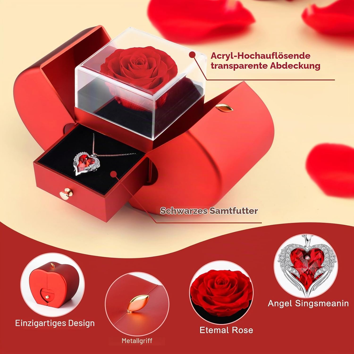 Real Eternal Rose with Necklace Jewellery Gift Box, Preserved Rose Flower Box, Women Mother's Day Gift for Mum Valentine's Day Wedding Anniversary Christmas Gift for Mother Wife Girlfriend Grandma – Bild 2