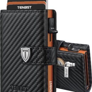 TENBST Men's Ultra Thin Wallet with Coin Compartment & RFID Protection, Premium Slim Wallet, Luxury Wallet Card Case for 10 Credit Cards, Gifts for Father's Day - Black & Orange