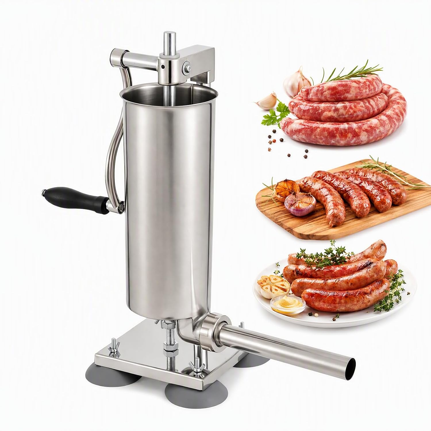 3L Sausage Stuffer Manual Sausage Machine, Stainless Steel Vertical Hand Crank Sausage Sausage Stuffer Machine with Stainless Steel Tubes Plastic Tubes Suction Cups for Kitchen Restaurants