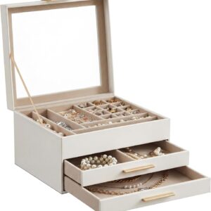 Songmics Jewellery Box with Glass Lid, 3 Levels, 2 Drawers