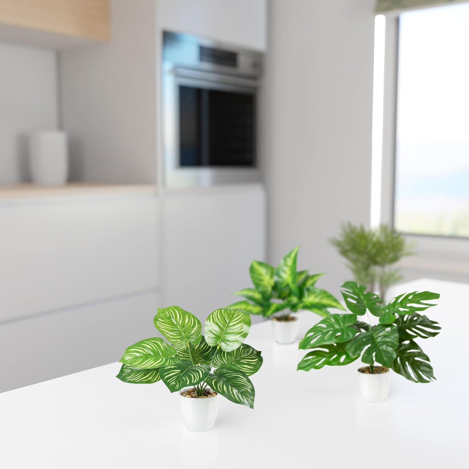 PASCH® Set of 4 Tropical Artificial Plants Like Real (25 cm) in White Ceramic Pots: Monstera Artificial & Areca Artificial Palm | Artificial Plants in Pot | Fake Plant | Artificial Flowers in Pot – Bild 7
