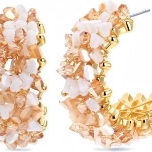 Boho Crystal Women’s Earrings, Handmade Half Hoop Earrings with Faceted Glass Beads, Gold-Coloured Statement Hoop Earrings, Lightweight Fashion Jewellery