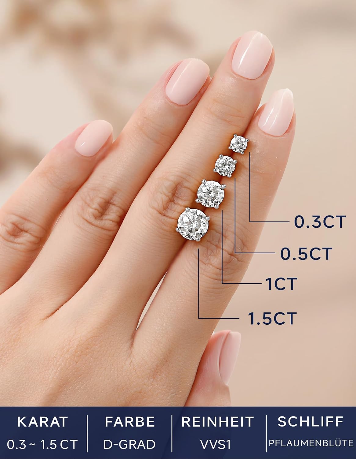 MomentWish Moissanite Diamond Stud Earrings 925 Silver / Gold 585, 1–4 Carat, Genuine Silver, Hypoallergenic VVS1 D Colour with GRA Certificate, Earrings Gift for Men Women 5/6.5/8 mm – Bild 5