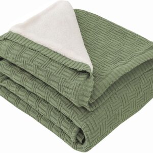 MYLUNE Home Sherpa Blanket, Cotton Knitted Blanket, Oeko-Tex, 180 x 200 cm, 660 GSM, Thick Cuddly Blanket, Fluffy Sofa Blanket, Bedspread, Bed Throw, Warm Crochet Blanket, Autumn/Winter Blanket, Olive Green