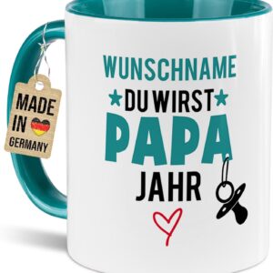 Tassendruck Baby News Mug with Name & Year Design Yourself – Du wirst Papa – Personalised Gift for Pregnancy for Expecting Father – Ceramic Mug, 300 ml, Inner and Handle Turquoise
