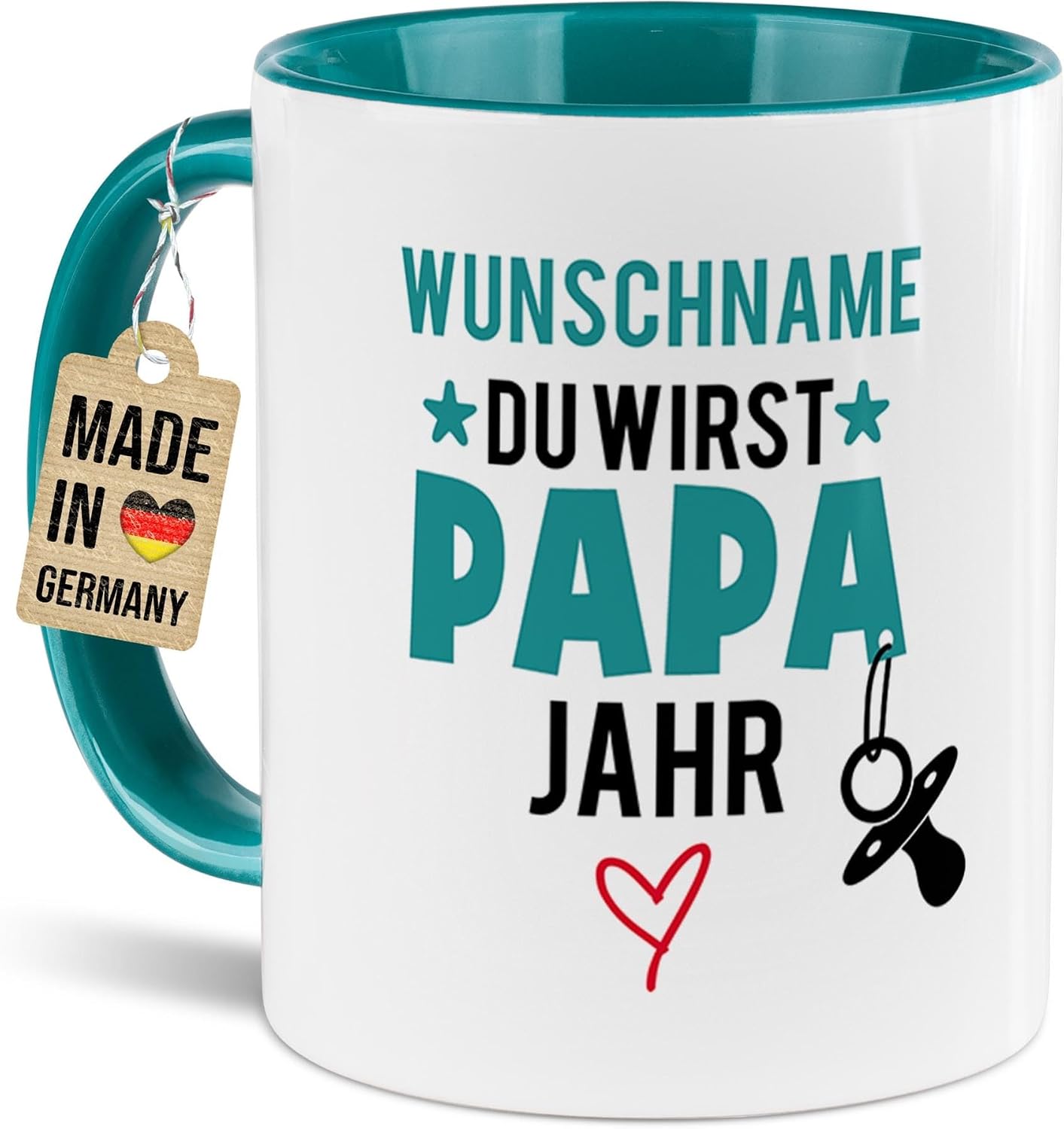 Tassendruck Baby News Mug with Name & Year Design Yourself – Du wirst Papa – Personalised Gift for Pregnancy for Expecting Father – Ceramic Mug, 300 ml, Inner and Handle Turquoise