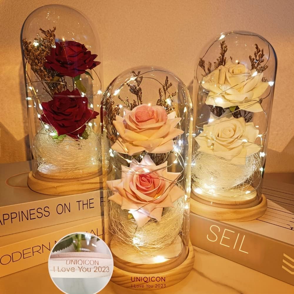 Gifts for Wedding Anniversary Valentine's Day, Personalised Rose Lamp, Galaxy Rose Flower Gift, Eternal Rose with LED Light in Glass Dome on Wooden Base, Unique Gift for Women, Mum, Girlfriend – Bild 2