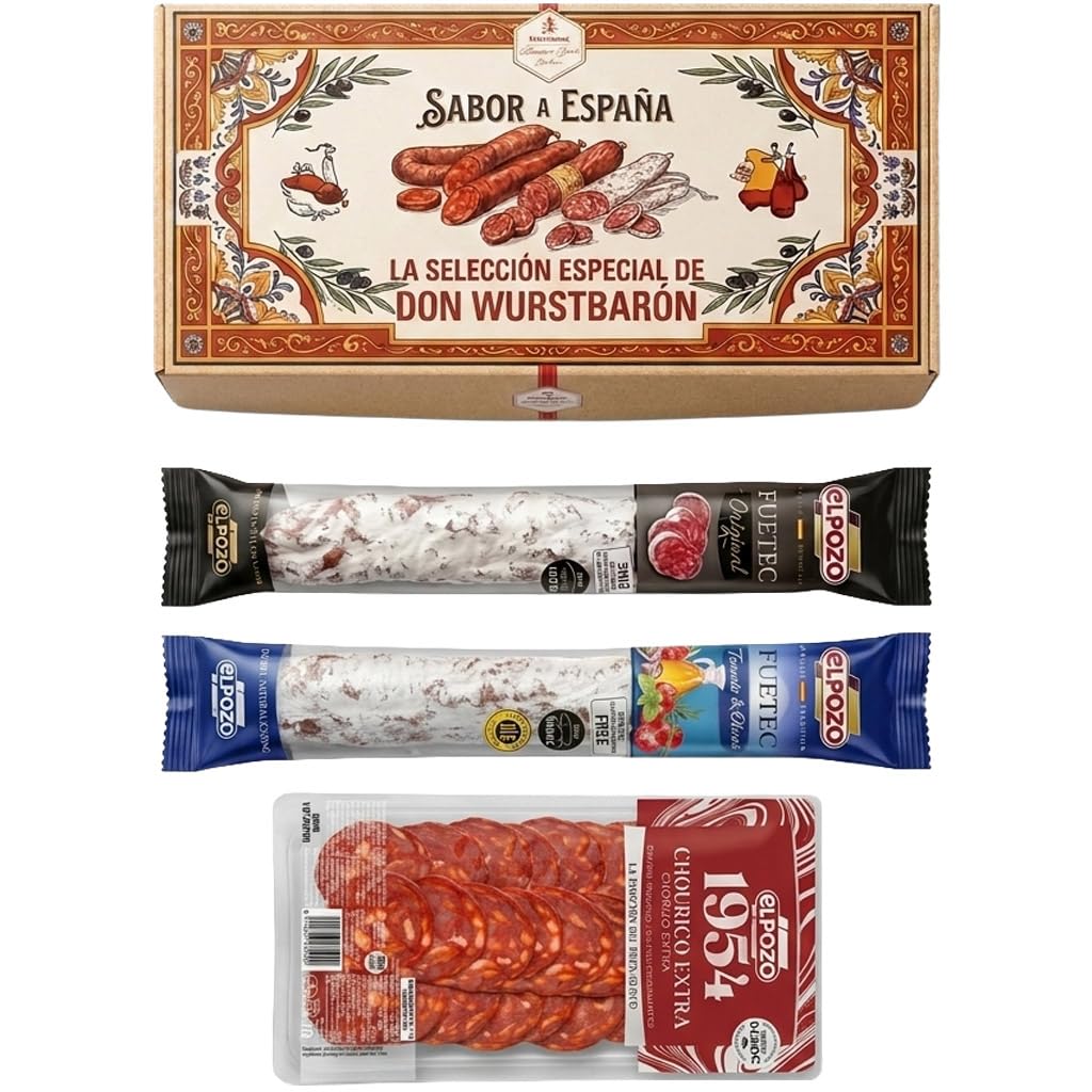 Wurstbaron Spanish Sausage Gift Set La Bodega | Fuet Original + Fuet Truffle + Chorizo | Gourmet Delicatessen from Spain | Gift Box for Meat Lovers