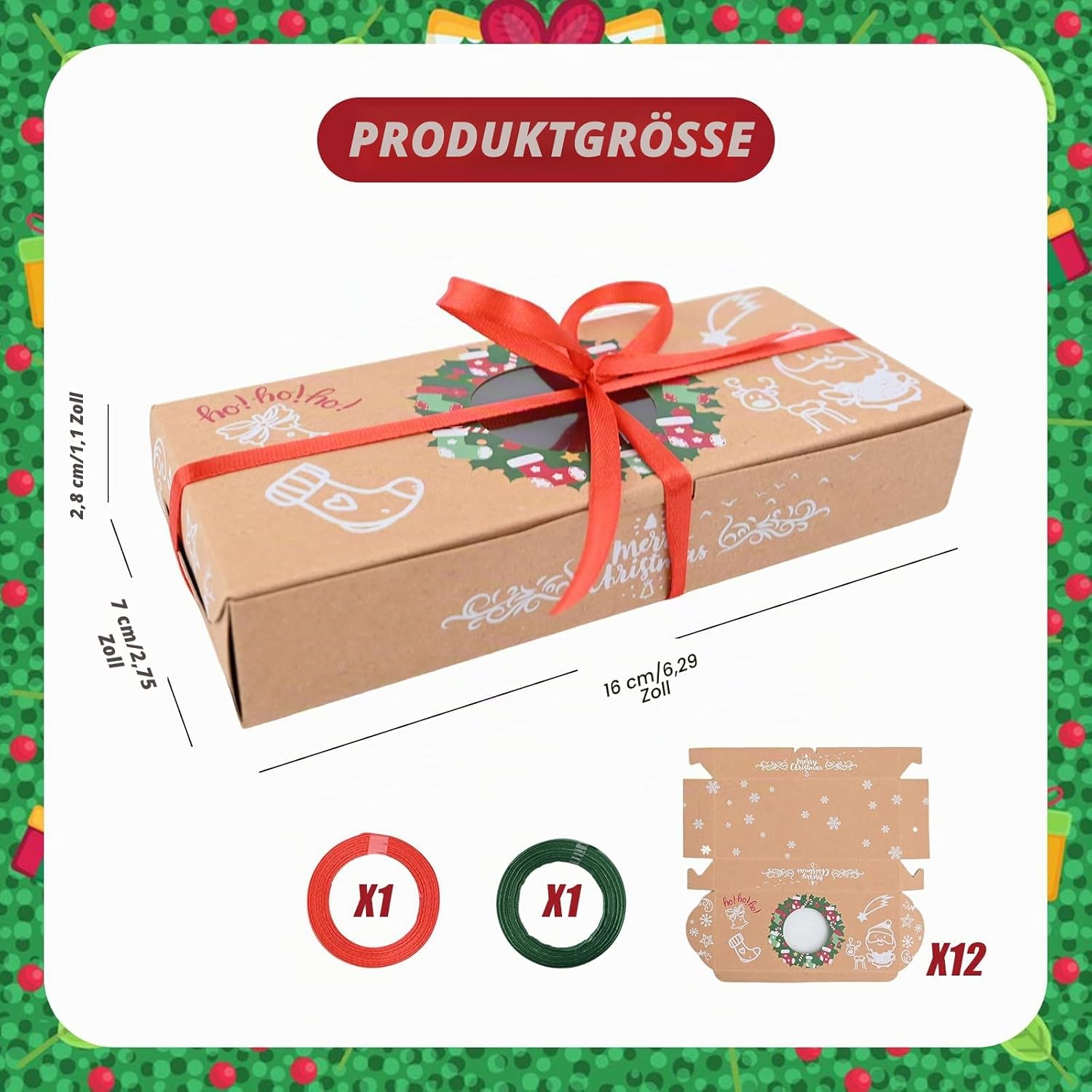 12 Christmas Biscuit Boxes with Window and Ribbon, Christmas Treat Boxes, Gift Box, Bakery Boxes, Biscuits, Packaging for Pastries, Cupcakes, Brownies, Gifts, Doughnut and Cookie – Bild 2