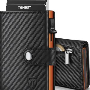 TENBST Men's Wallet with Coin Compartment and RFID Protection, High-Quality Slim Wallet, Card Holder, Small 8-10 Cards, Premium Wallet, Gifts for Father's Day (Black & Orange)