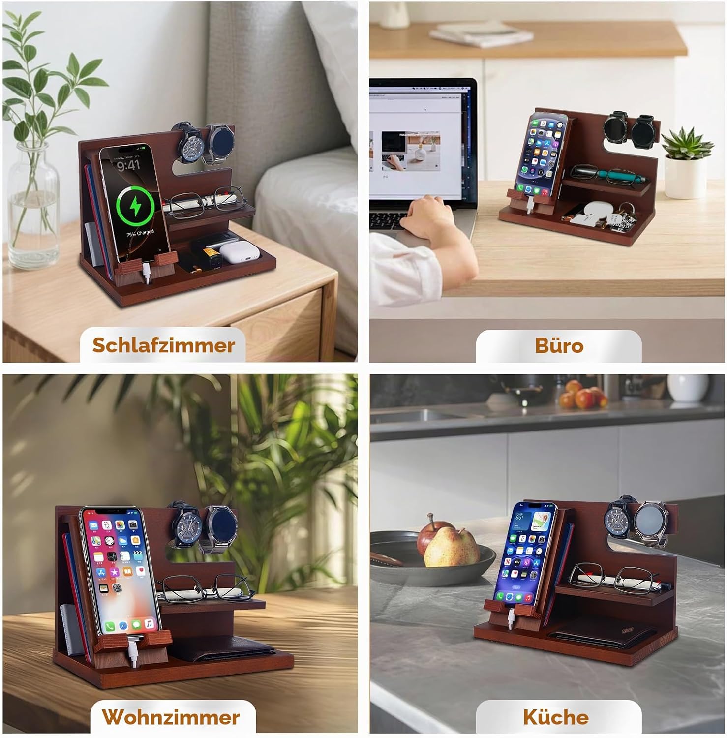 Gifts for Men Christmas Wooden Phone Docking Station Desk Organiser Father Gifts Anniversary Birthday Gifts for Him Christmas Gifts for Men Bedside Table Keys – Bild 6