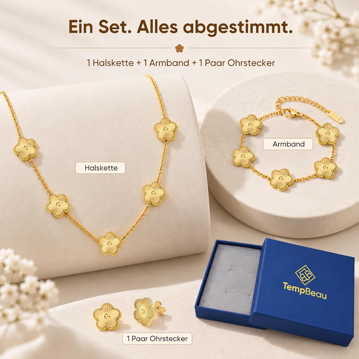 TempBeau Women's Clover Jewellery Set with Necklace, Bracelet and Earrings – Bild 6