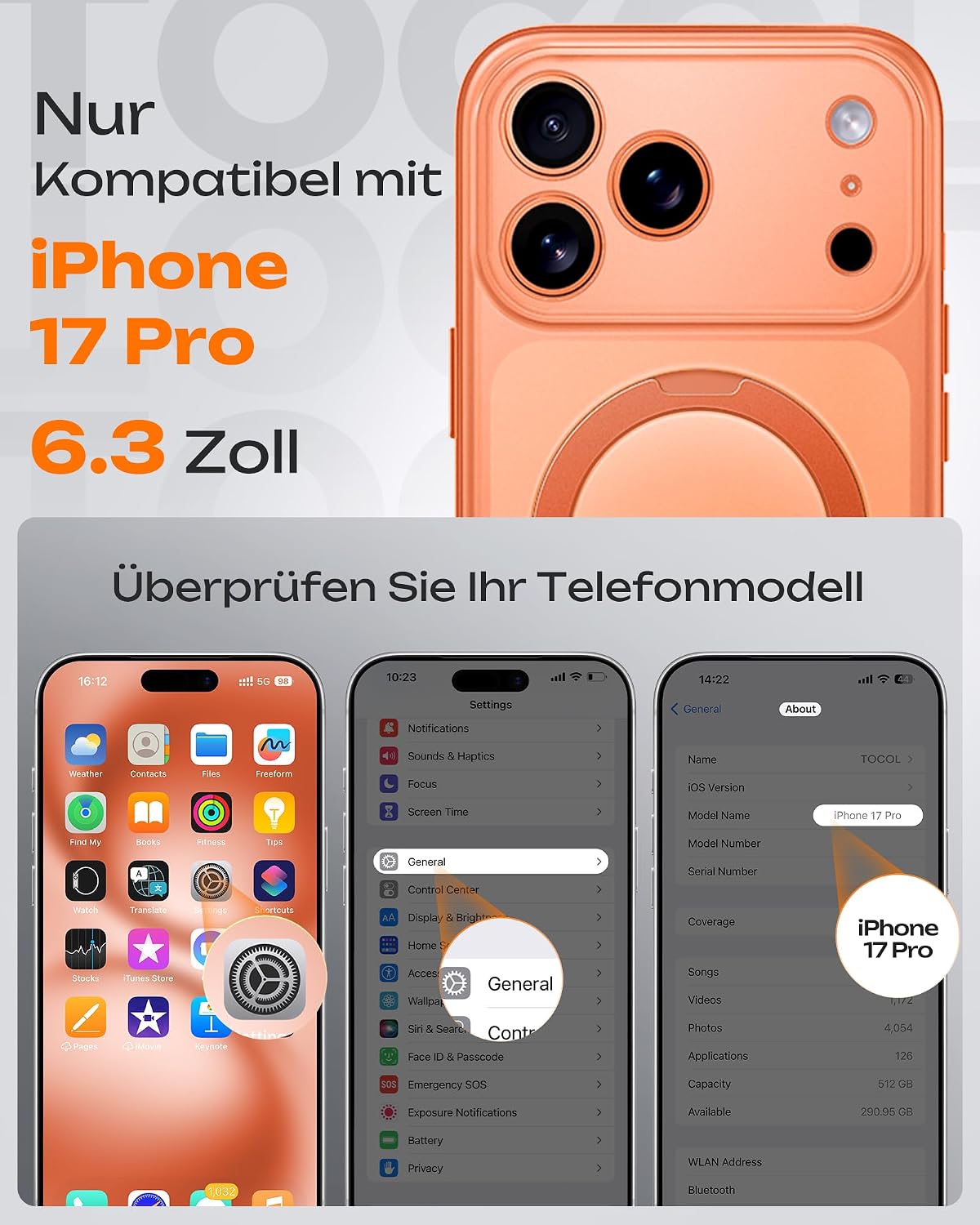 TOCOL für iPhone 17 Pro Hülle mit Ständer, 360° Drehbarem, Orange – Bild 2