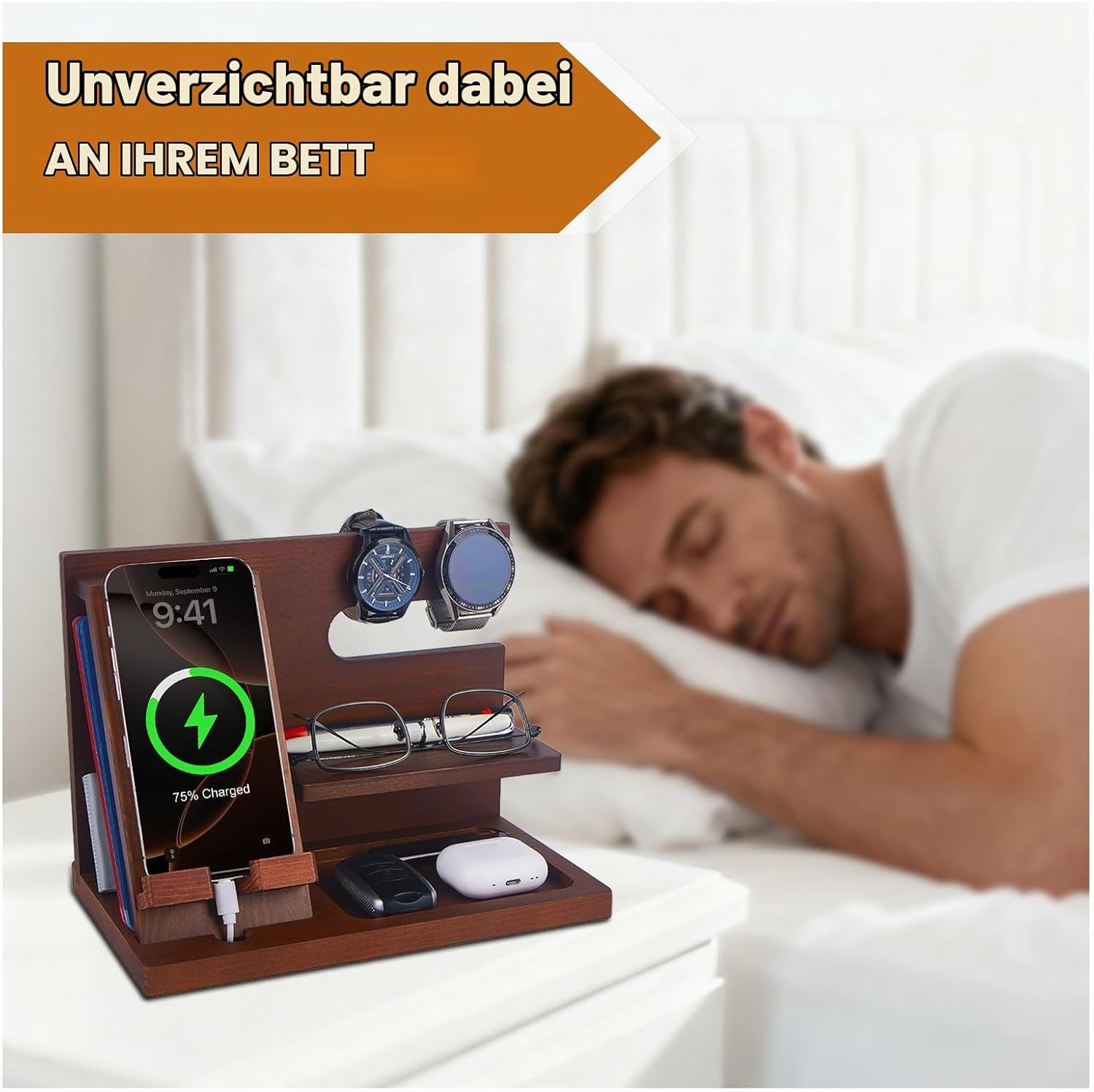 Gifts for Men Christmas Wooden Phone Docking Station Desk Organiser Father Gifts Anniversary Birthday Gifts for Him Christmas Gifts for Men Bedside Table Keys – Bild 7
