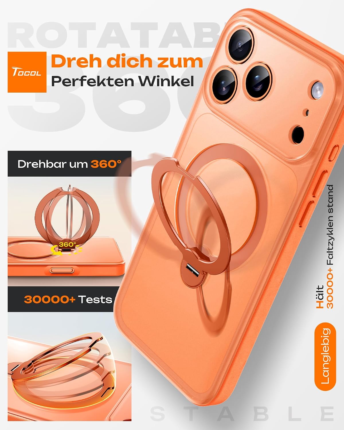 TOCOL für iPhone 17 Pro Hülle mit Ständer, 360° Drehbarem, Orange – Bild 3