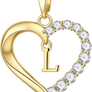Turandoss Women’s Heart Necklace with Letters – 14K Gold/White Gold Plated Heart Chain with Letters A-Z Pendant Cubic Zirconia Necklace Gifts for Women Girlfriend Mum Jewellery Ladies