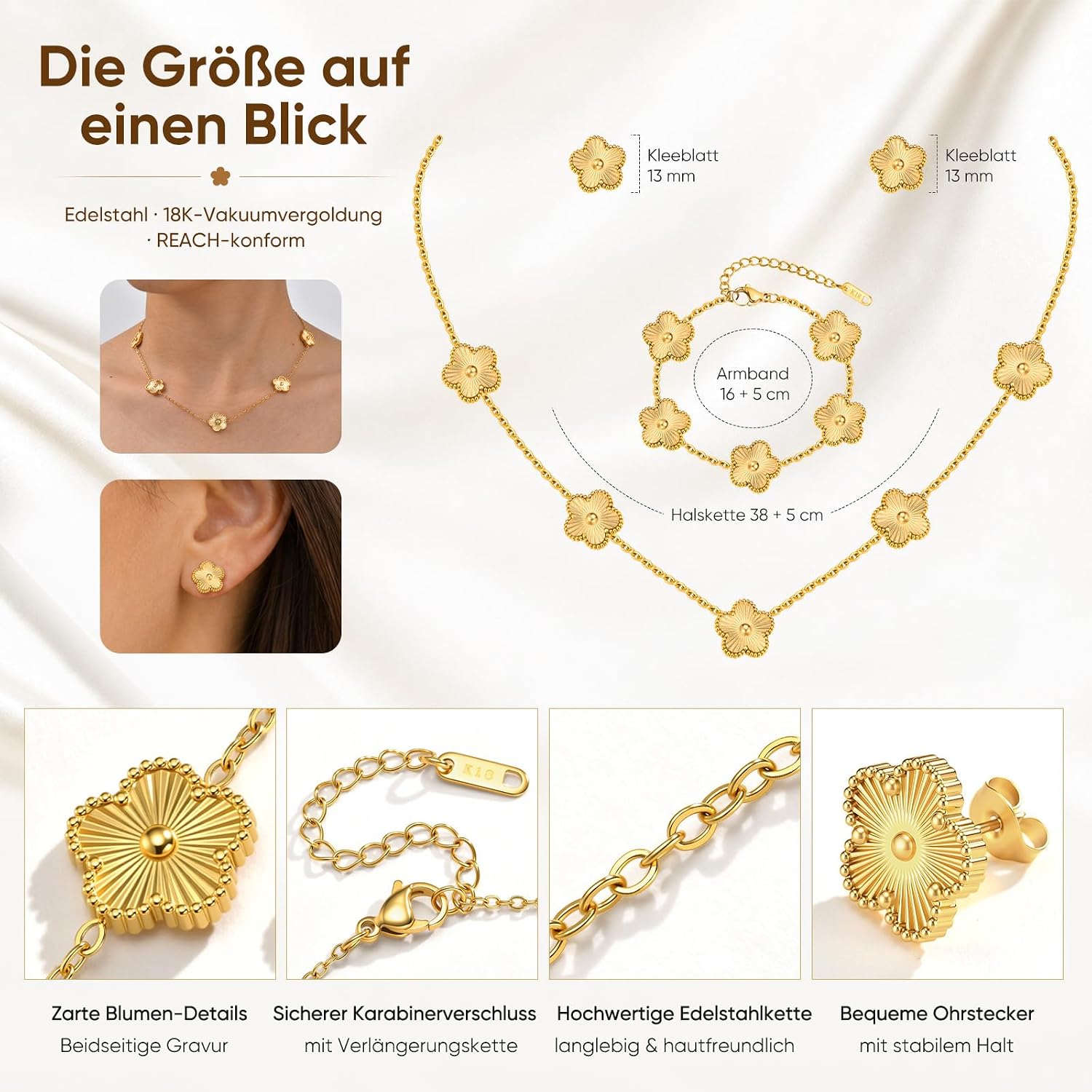 TempBeau Women's Clover Jewellery Set with Necklace, Bracelet and Earrings – Bild 3
