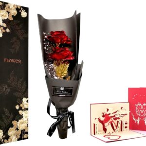Gold Rose Bouquet Handmade Gold Foil Artificial Rose Bouquet – With Gift Box for Wife / Girlfriend / Mother’s Day / Birthday / Wedding Day / Anniversary Artificial Rose