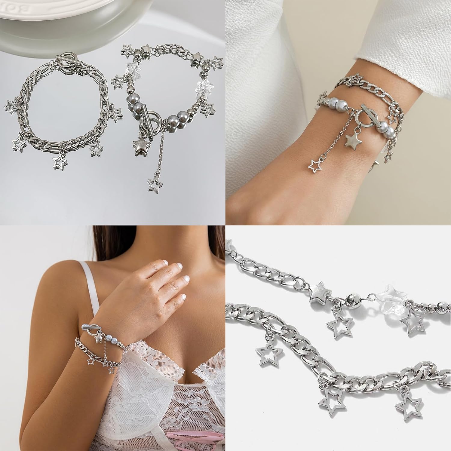 5 Pieces Silver Star Necklace, Women's Stud Earrings Necklace, Y2K Jewellery Set, Kawaii Cute Necklaces, Aesthetic Vintage Emo Jewellery – Bild 7