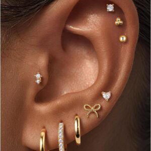 TINGN 14K Gold-Plated Earrings Set, Surgical Steel, Hypoallergenic Earrings with Flat Back, Cartilage Hoop Earrings for Women, Trendy Stud Earrings for Multiple Pierced Ears, Gift for Her