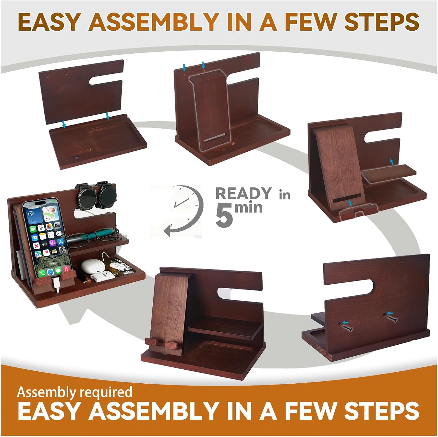 Gifts for Men Christmas Wooden Phone Docking Station Desk Organiser Father Gifts Anniversary Birthday Gifts for Him Christmas Gifts for Men Bedside Table Keys – Bild 4