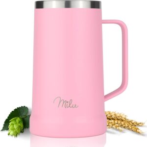 Milu Beer Mug, Stainless Steel Insulated Beer Glass with Lid, Thermal Mug with Handle, Beer Gift for Men, Dad, Keeps Cold for 7 Hours (700 ml, Pink)
