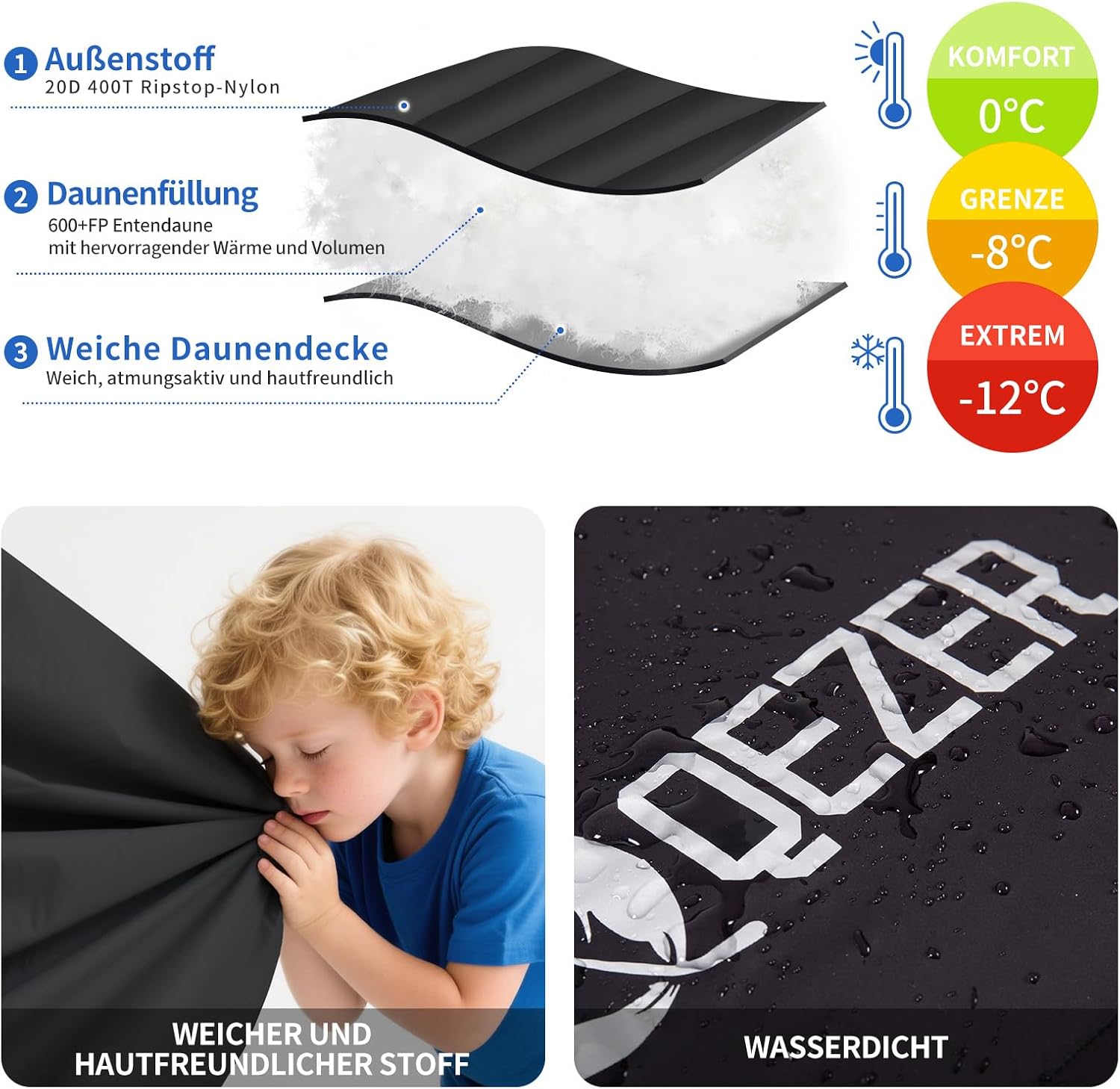 Down Sleeping Bag, Warm Lightweight Winter Sleeping Bag 0 °C to -23 °C for Adults and Children, 4 Seasons, Camping, Outdoor and Indoor – Bild 3