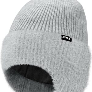 ATNKE Knitted Beanie Hat with Ear Flaps for Men and Women, Stretchy Thick Warm Fleece Lined Everyday Winter Soft with Cuffs Wooly Skull Hat Gifts