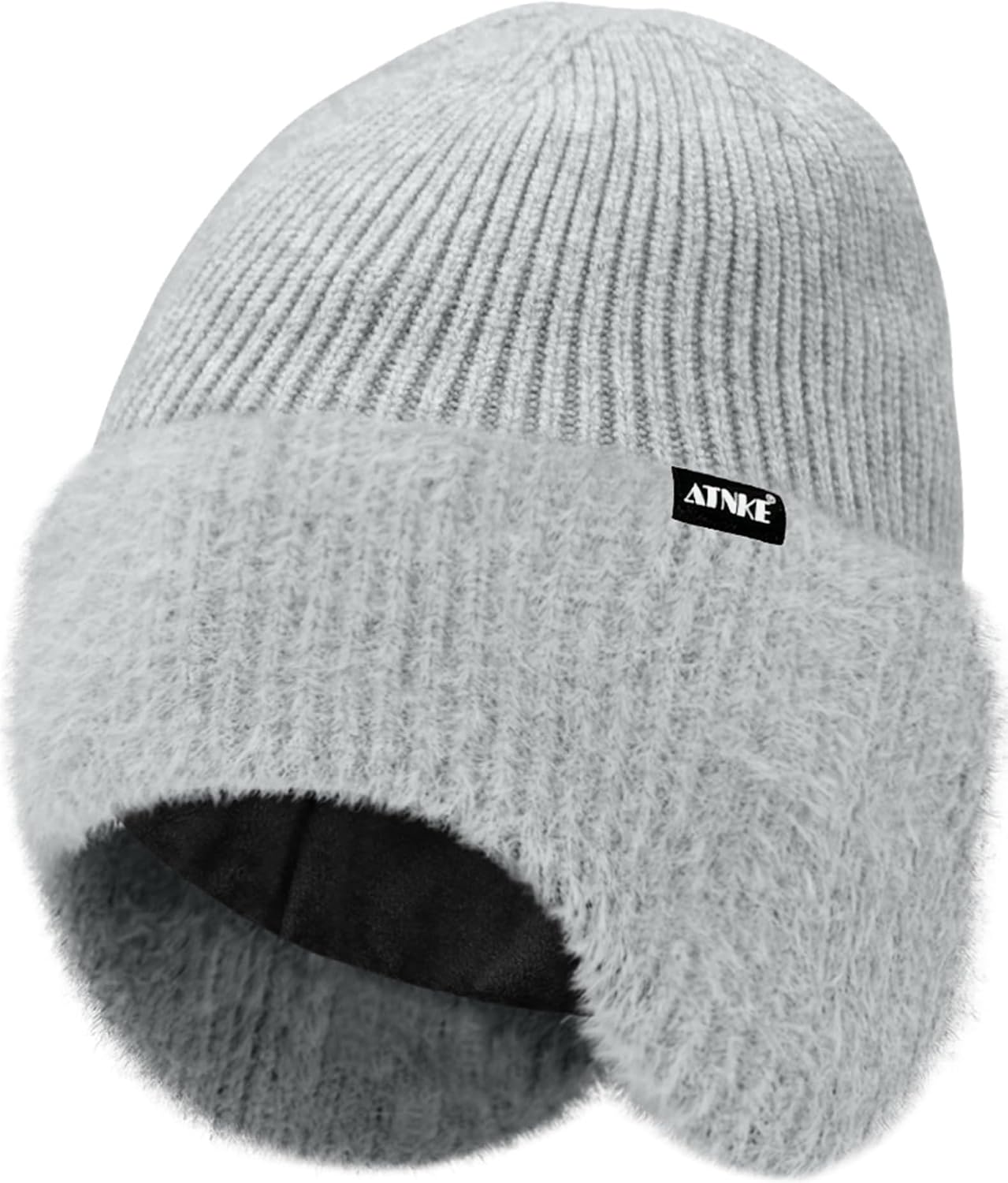 ATNKE Knitted Beanie Hat with Ear Flaps for Men and Women, Stretchy Thick Warm Fleece Lined Everyday Winter Soft with Cuffs Wooly Skull Hat Gifts