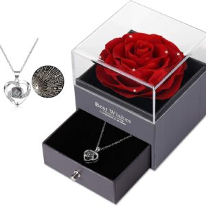 Eternal Real Rose with I Love You Necklace, 100 Languages, Jewellery Gift Box, Eternal Real Rose for Valentine’s Day, Mother’s Day, Wedding Anniversary, Birthday, Gift for Her